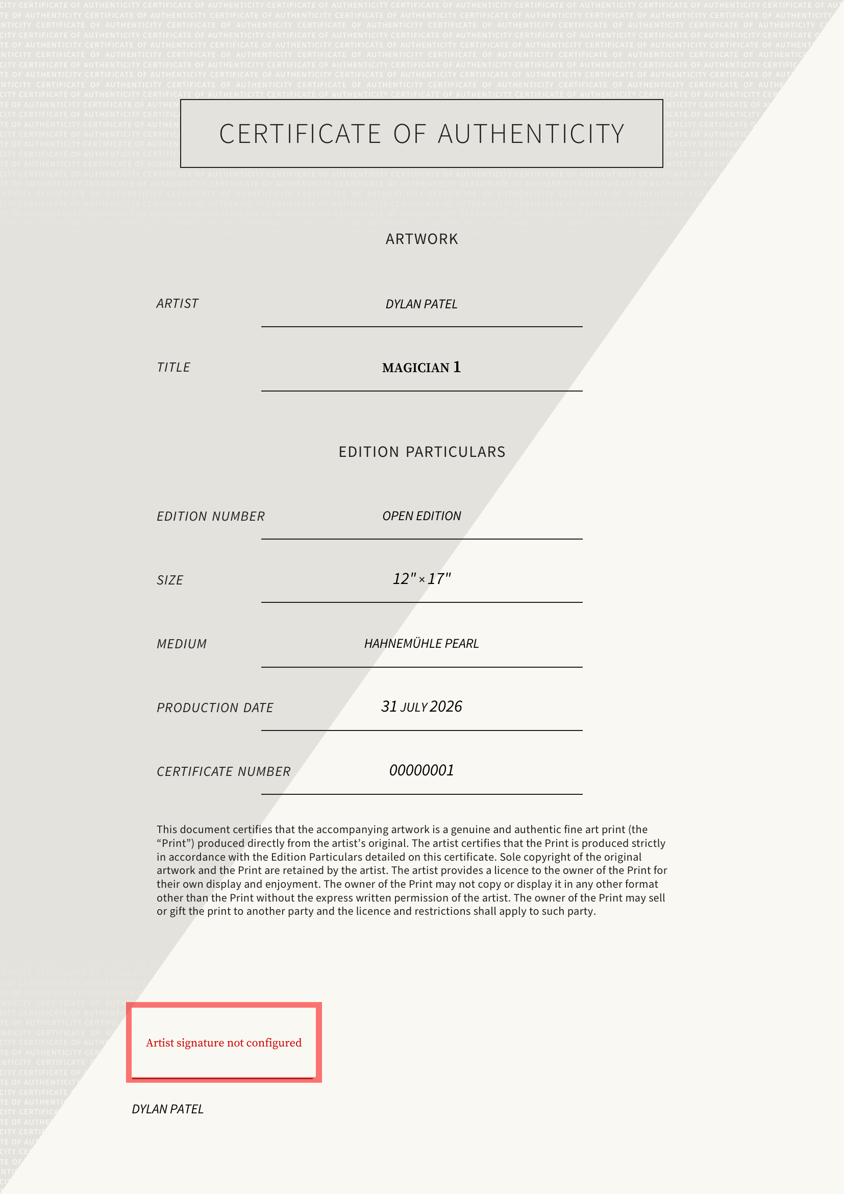 Magician 1 — Certificate of Authenticity