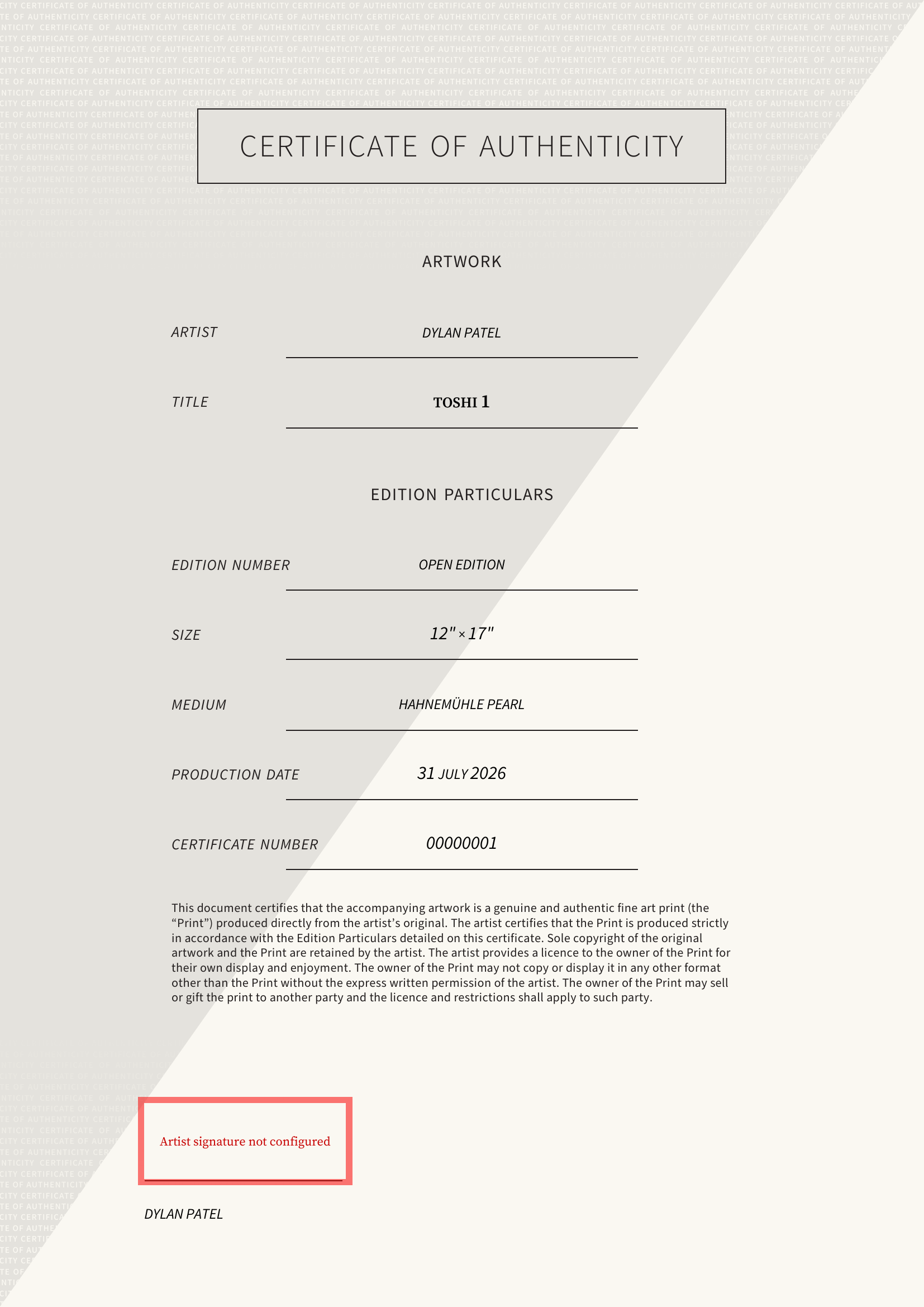 Toshi 1 — Certificate of Authenticity