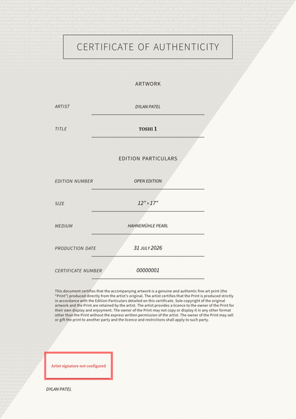 Toshi 1 — Certificate of Authenticity